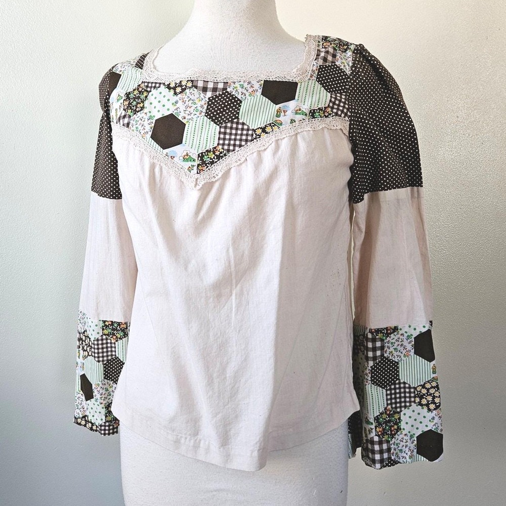Vintage 70s Brown Tan Green Patchwork Look Bell Sleeves Hippie Boho Top Small S